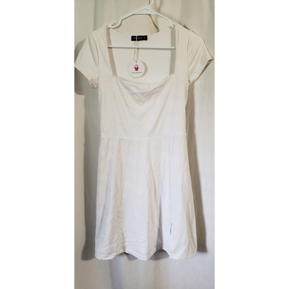 Casly Lamit Women's M Ivory Cream Short Sleeve Fit Flare Mini Dress Stretch